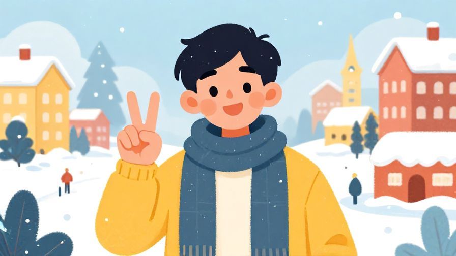 Illustration%20of%20a smiling young person giving a peace sign with a snowy town background, bright and playful colors, illustrated style