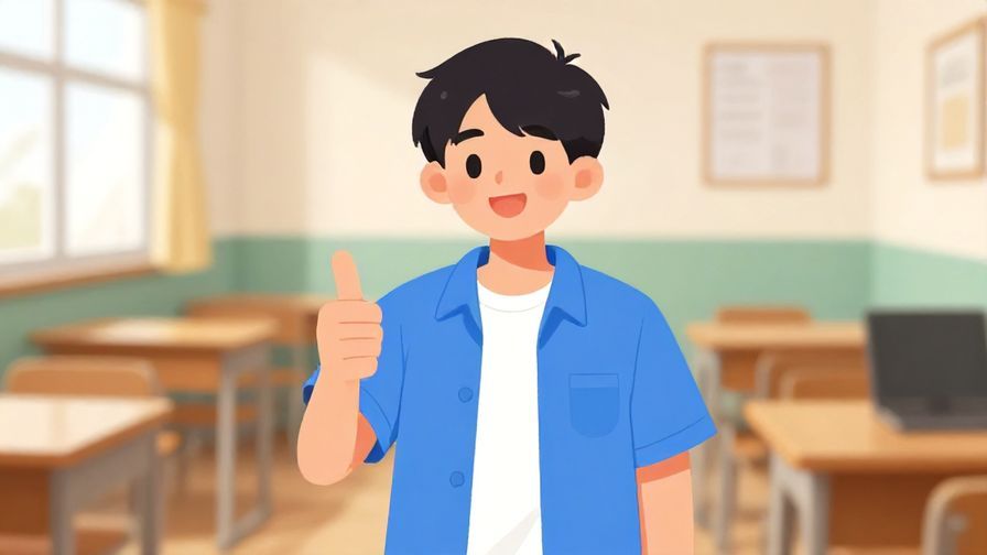 Illustration%20of%20a smiling young person giving a thumbs up in a quiet room, bright colors, cheerful atmosphere, illustrated style
