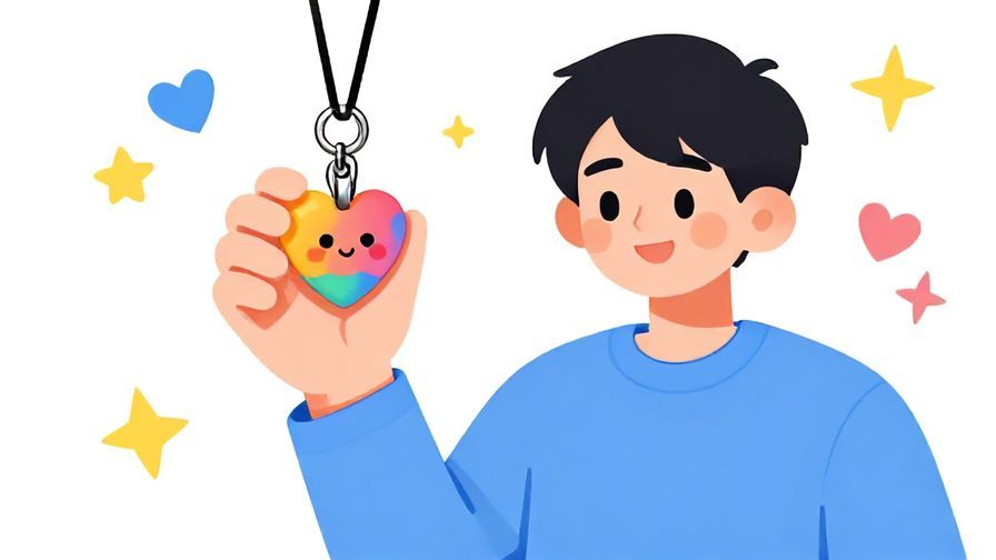 Illustration%20of%20a smiling young person holding a cute, colorful charm with hearts and stars around, bright and cheerful atmosphere