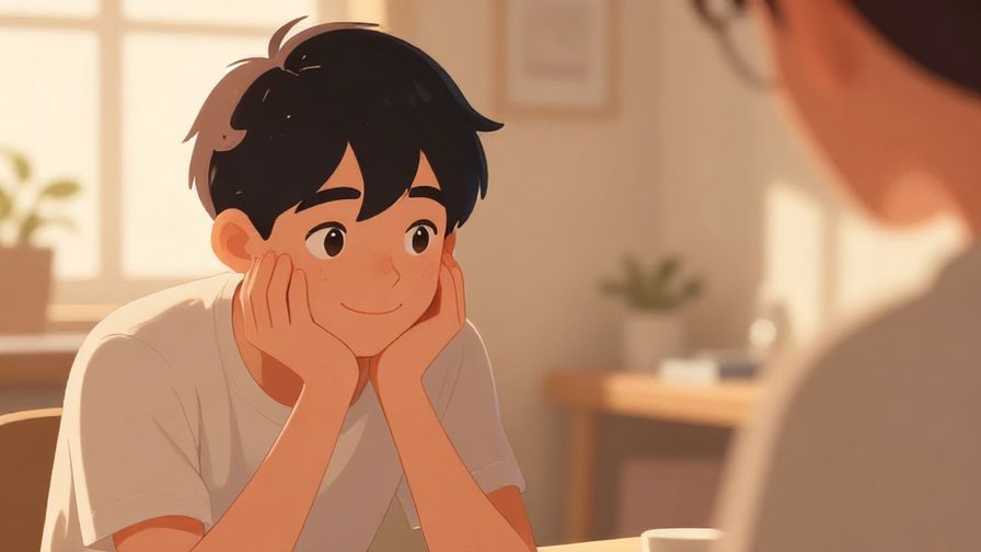 Illustration%20of%20a smiling young person leaning forward, nodding attentively in conversation, warm indoor setting with soft lighting