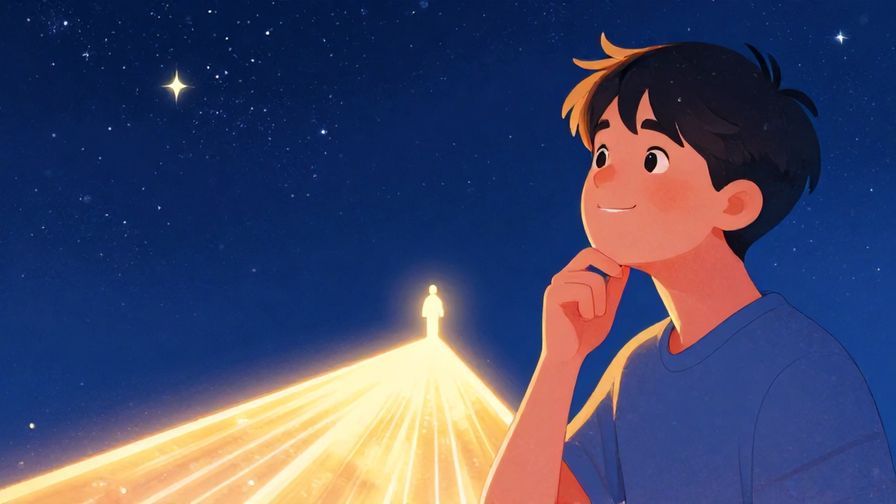 Illustration%20of%20a smiling young person looking thoughtfully at a starry night sky, feeling destiny, with a glowing path leading forward, vibrant colors, illustrated style