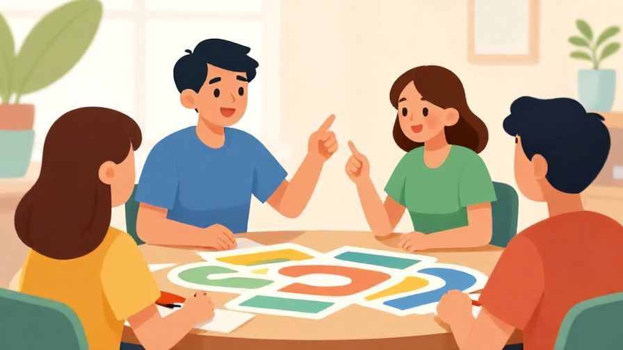 Illustration%20of%20a smiling young person pointing toward their friend to take their turn in a game, vibrant colors, cheerful atmosphere