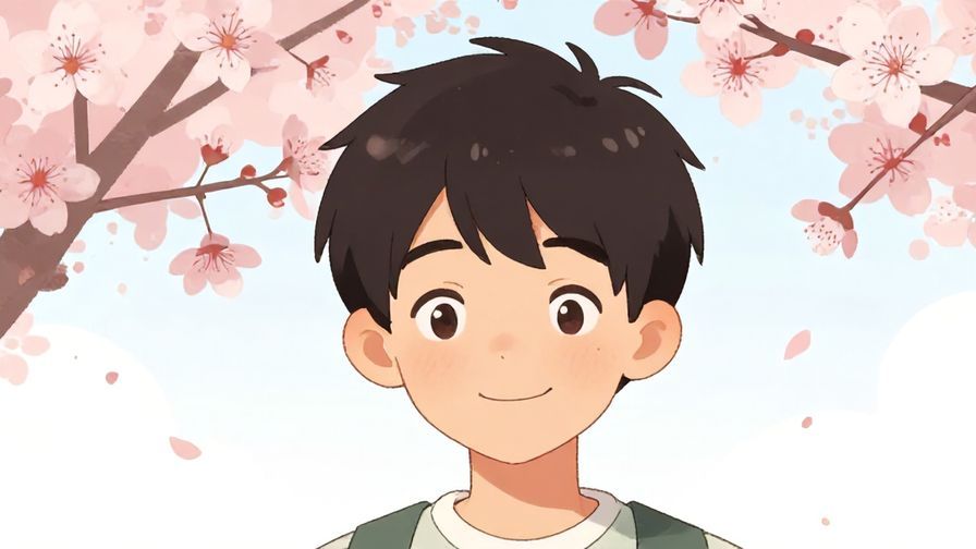 Illustration%20of%20a smiling young person tilting their head slightly, with a curious expression, set against a soft, simple background of cherry blossoms in spring, bright colors, illustrated style