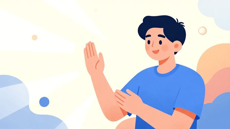 Illustration%20of%20a smiling young person using a gentle gesture, with abstract shapes and light rays in the background