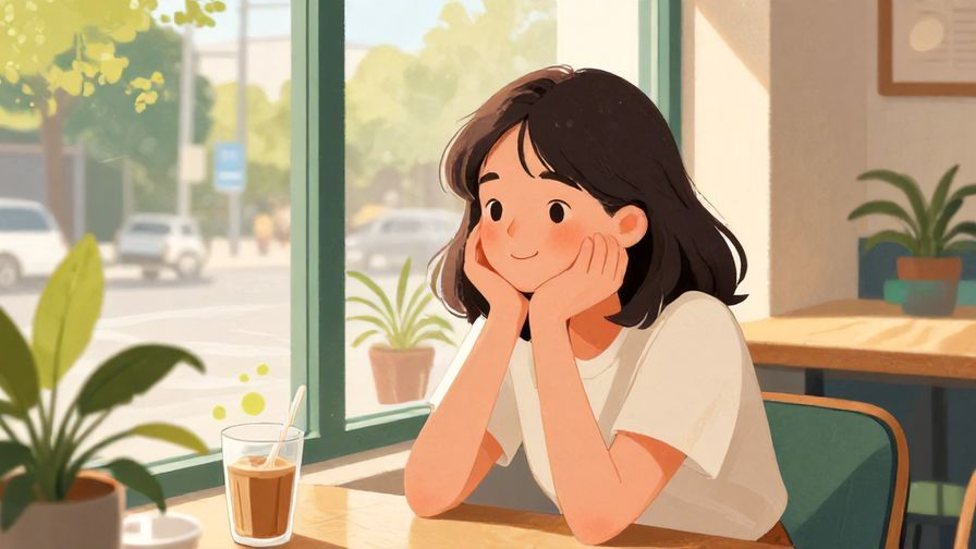 Illustration%20of%20a smiling young woman%20waiting%20patiently%20in%20a%20sunlit%20caf%C3%A9%2C%20vibrant%20colors%2C%20illustrated%20style