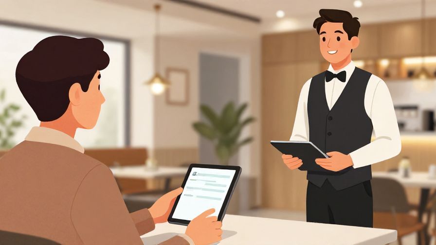 Illustration%20of%20a smiling%20customer%20showing%20a%20confirmation%20on%20a%20tablet%20to%20a%20restaurant%20host%20with%20a%20modern%20interior%20and%20soft%20lighting.