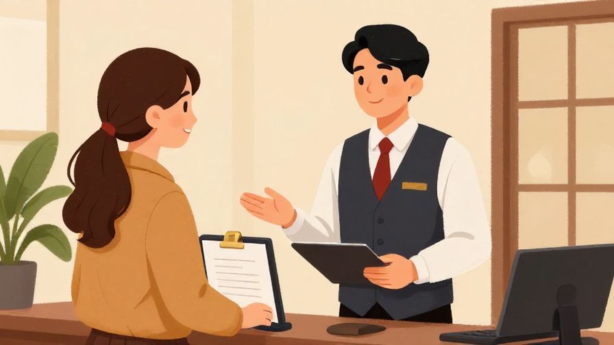 Illustration%20of%20a smiling%20guest%20gently%20asking%20hotel%20staff%20to%20assist%20with%20check-in%2C%20warm%20colors%2C%20illustrated%20style