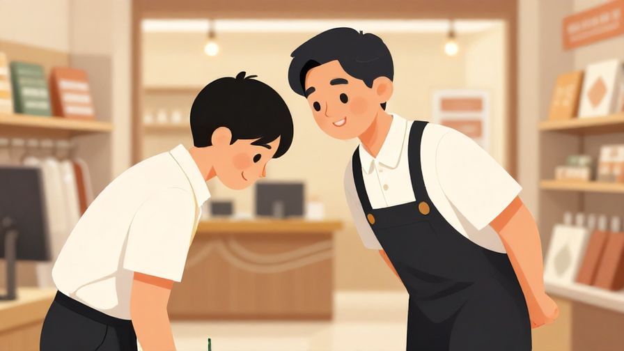 Illustration%20of%20a smiling%20service%20worker%20bowing%20slightly%20with%20a%20background%20of%20a%20store%20interior%20with%20warm%20lighting.