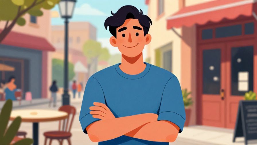 Illustration%20of%20a smirking person crossing arms casually, urban cafe background, vibrant colors, illustrated style