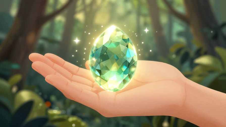 Illustration%20of%20a smooth, glowing gemstone resting on a palm, surrounded by sparkling light and a natural forest background