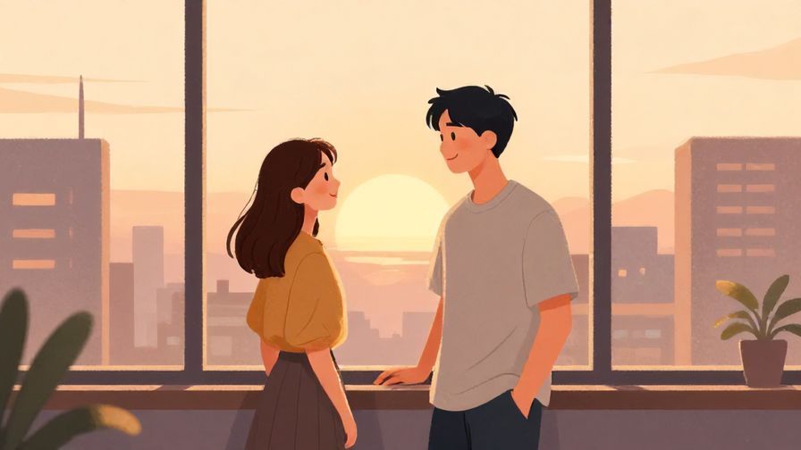 Illustration%20of%20a soft sunset through office windows, two people standing relaxed, peaceful expressions, illustrated style