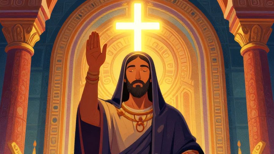 Illustration%20of%20a solemn figure raising a hand with a glowing cross-shaped light above, detailed temple background, vibrant colors, illustrated style