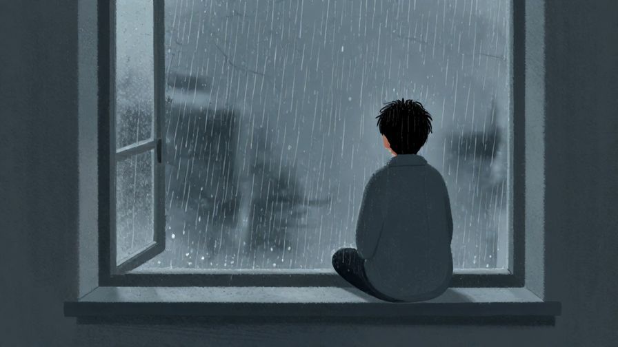 Illustration%20of%20a solitary figure sitting by a window, watching rain fall, soft blues and greys, illustrated style