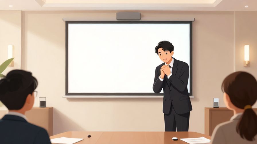 Illustration%20of%20a speaker finishing a presentation with a bow and a gentle smile, elegant conference room