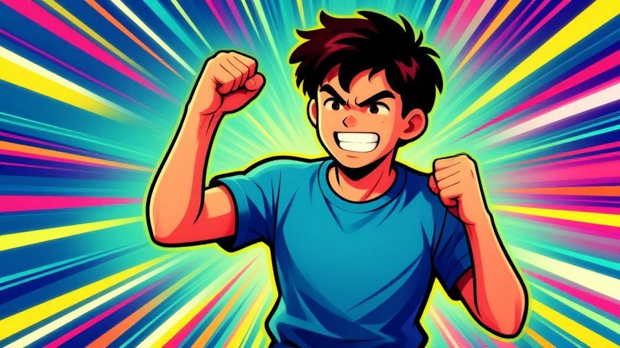 Illustration%20of%20a spirited young person pumping their fist with a fierce smile, surrounded by energetic motion lines, vibrant colors, illustrated style