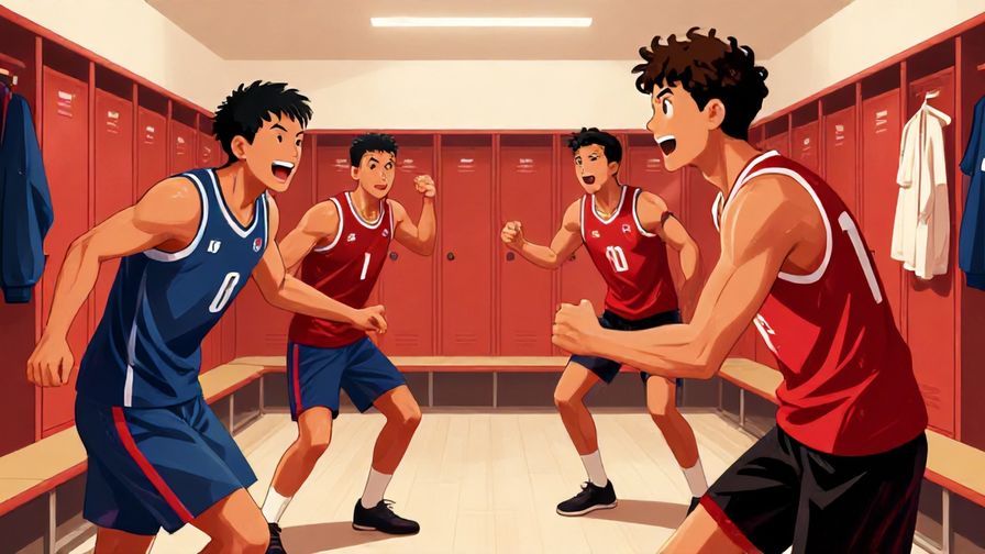 Illustration%20of%20a sports team locker room, teammates encouraging one another energetically