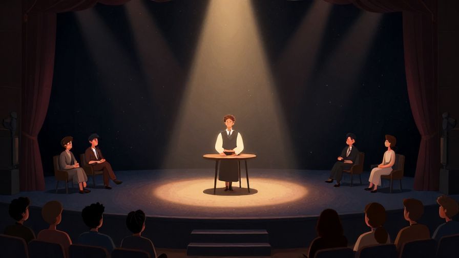 Illustration%20of%20a stage performance pause, with actors resting and audience waiting, dim spotlight, theatrical mood, illustrated style