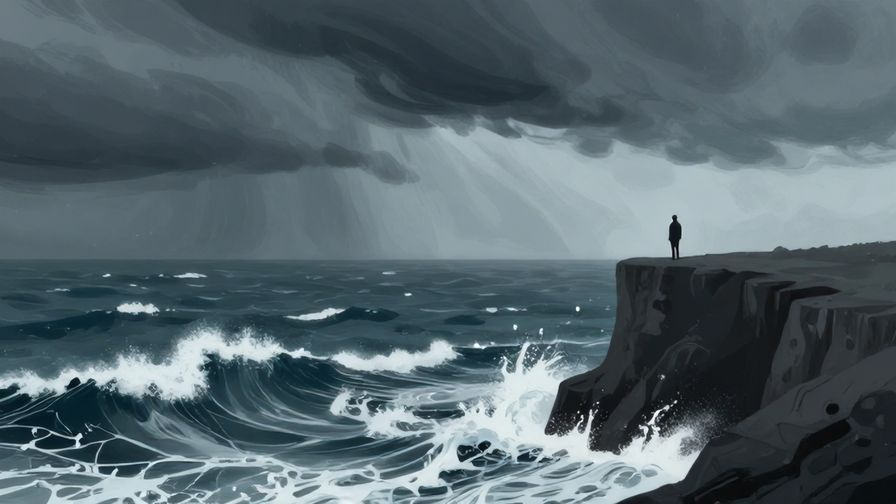 Illustration%20of%20a stormy ocean scene with waves crashing, a lone figure standing on a cliff, dramatic sky, illustrated style