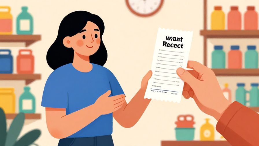 Illustration%20of%20a straightforward shopper politely stating they want a receipt, simple store background, vibrant colors, illustrated style