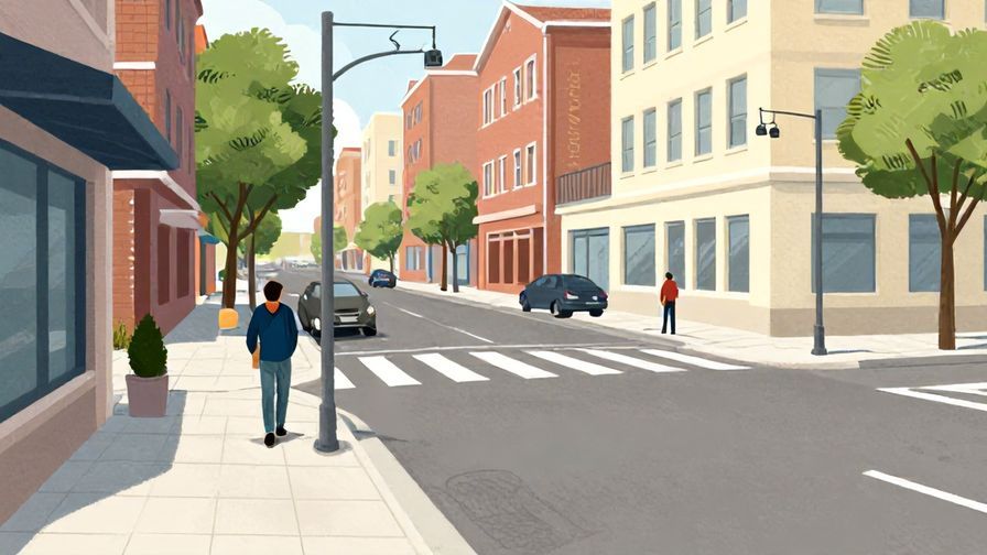 Illustration%20of%20a street intersection with a clear left sidewalk and a person turning left, detailed urban background, illustrated style