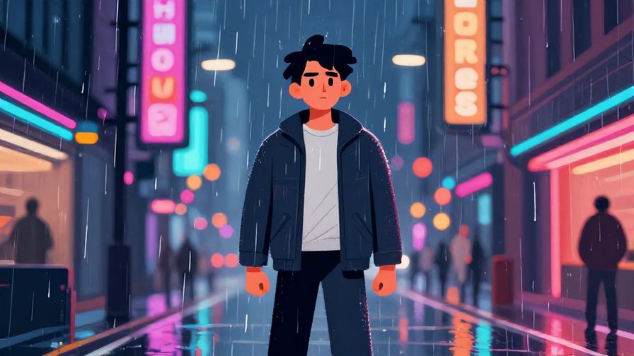 Illustration%20of%20a streetwise character standing firm in rain, determined expression, neon lights in background, vibrant colors, illustrated style
