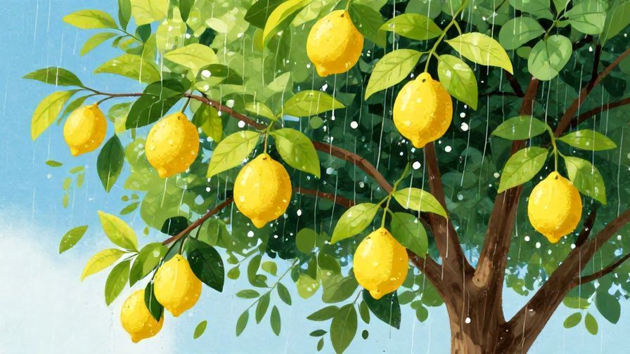 Illustration%20of%20a strong tree nourished by rain with lemons growing on its branches, bright sky, vibrant colors, illustrated style