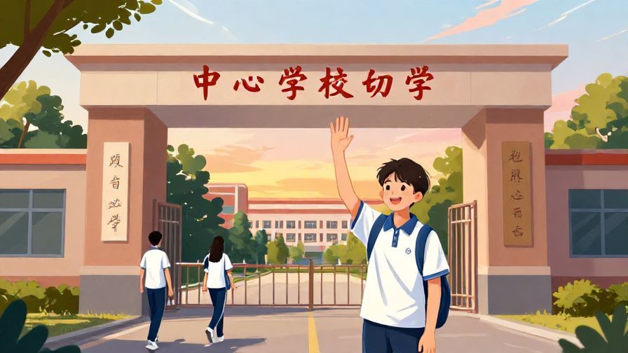 Illustration%20of%20a student waving goodbye outside a school gate with a soft sunset%20vibrant%20colors%2C%20illustrated%20style
