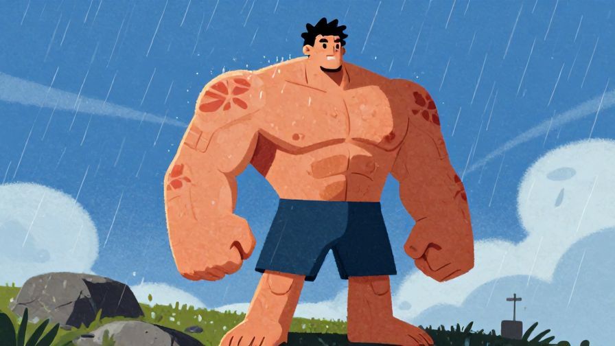 Illustration%20of%20a sturdy, muscular character standing firm on rugged terrain, with weather elements like wind and rain showing resilience, vibrant colors, illustrated style.