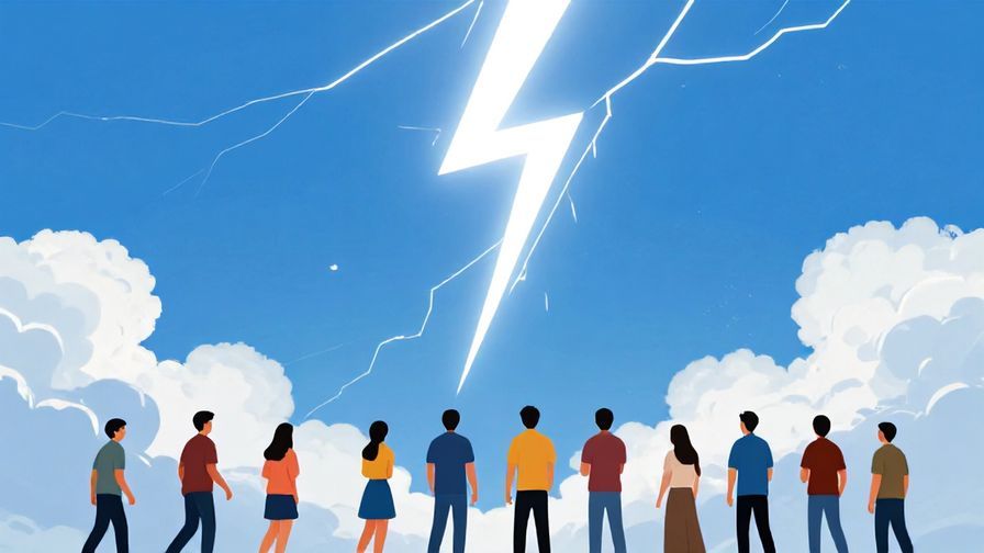 Illustration%20of%20a sudden lightning bolt striking in a clear blue sky, surprising a group of people but clearing clouds after, symbolizing unexpected change leading to clarity, vibrant colors, illustrated style