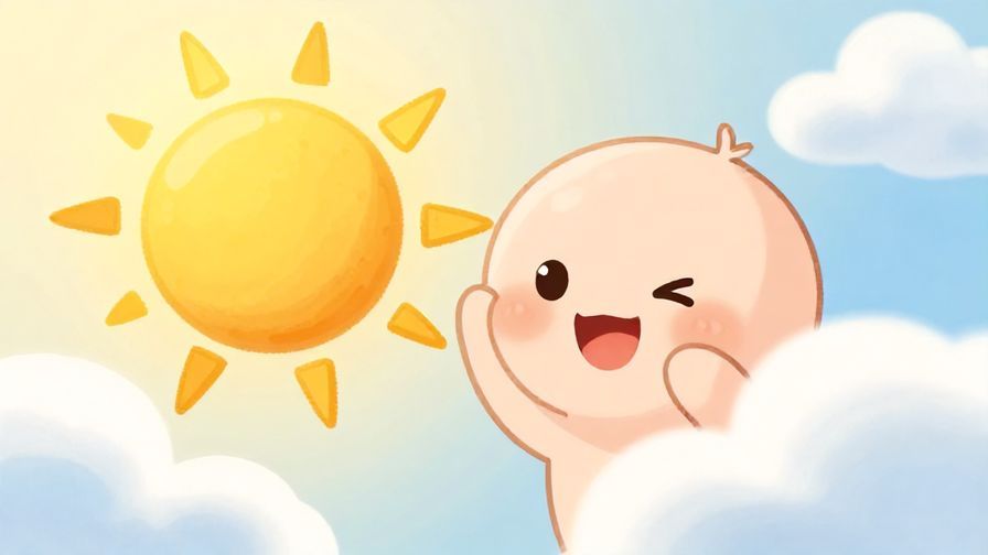 Illustration%20of%20a sun peeking cheekily from behind clouds with a smiling character, bright warm colors
