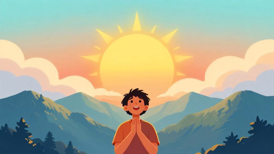 Illustration%20of%20a sunrise breaking over mountains with soft clouds, a person looking hopeful, hands clasped. Vibrant, inspirational colors, illustrated style