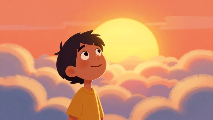 Illustration%20of%20a sunrise breaking through clouds with warm light, a character looking hopeful, vibrant colors