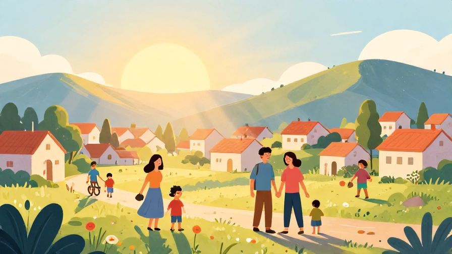 Illustration%20of%20a sunrise over a peaceful town, with soft rays of light shining on smiling people starting their day. Bright, hopeful colors, illustrated style