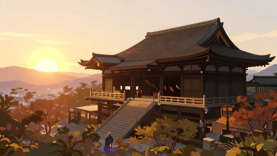 Illustration%20of%20a sunrise over a traditional Japanese temple, serene and respectful atmosphere, soft golden light
