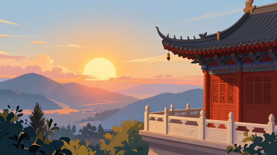 Illustration%20of%20a sunrise seen from a temple balcony, peaceful and hopeful atmosphere, detailed background, vibrant colors, illustrated style