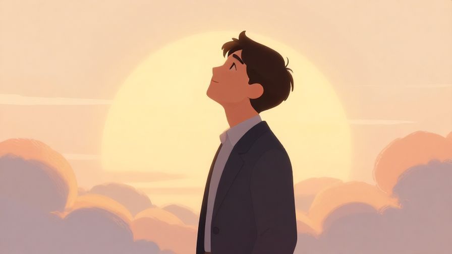 Illustration%20of%20a sunrise with soft clouds and gentle light, a person in formal attire looking hopeful, warm color palette