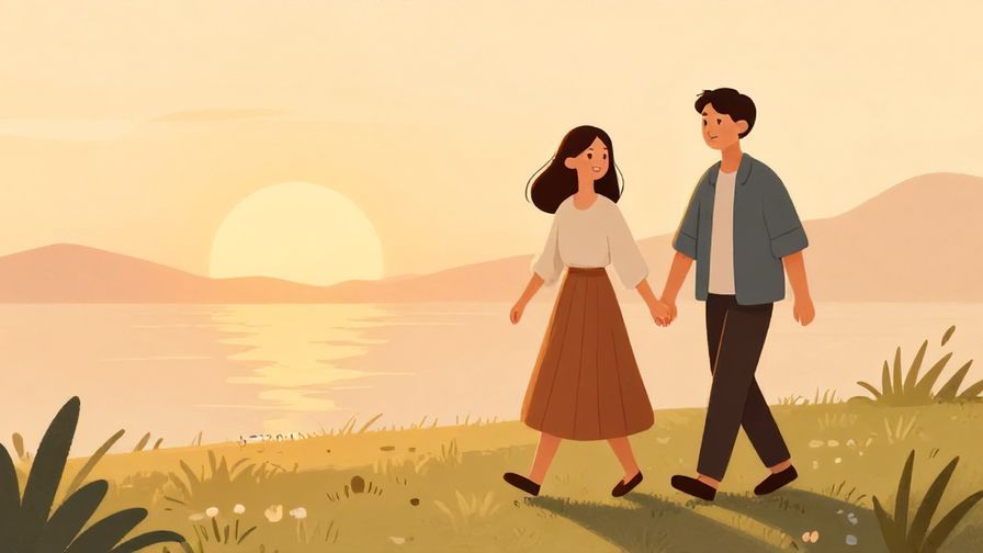 Illustration%20of%20a sunrise with two people walking away together smiling, warm tones, illustrated style