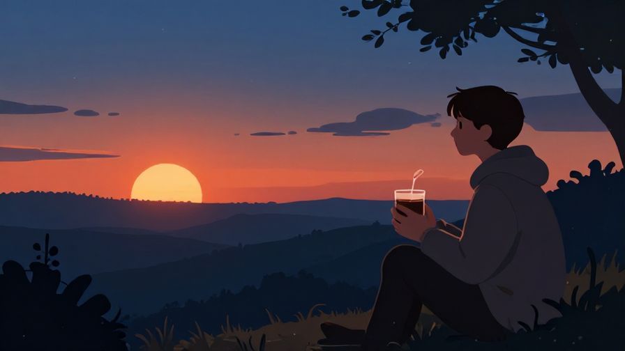 Illustration%20of%20a sunset scene transitioning to night, a person sitting relaxed with a hot drink, cozy vibe