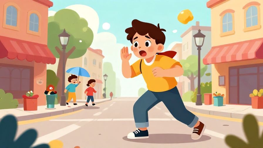 Illustration%20of%20a surprised character reacting to a prank, colorful and lively street scene