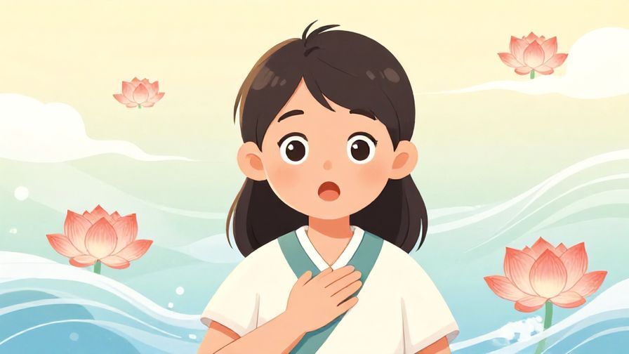 Illustration%20of%20a surprised character with hand on chest%2C soft pastel background with floating lotus flowers and gentle waves%2C illustrated style