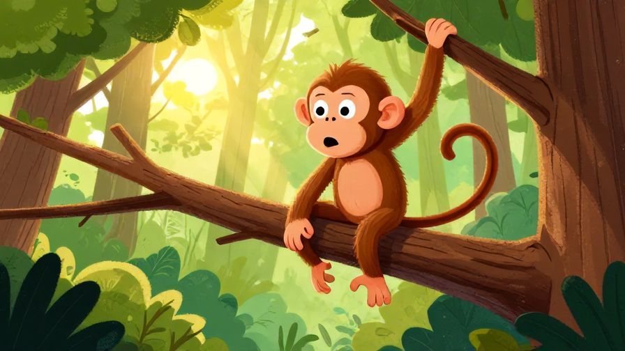 Illustration%20of%20a surprised monkey slipping from a tree branch, forest background with bright sunlight, vibrant colors, illustrated style