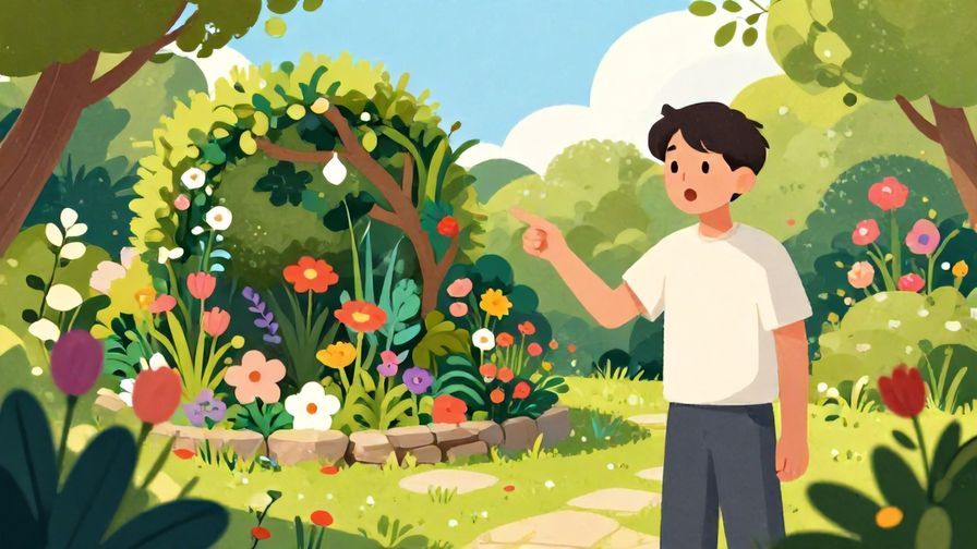 Illustration%20of%20a surprised person pointing at a hidden garden, vibrant flowers around, bright sunny day, illustrated style