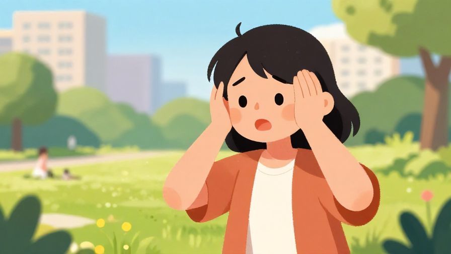 Illustration%20of%20a surprised person shaking their head with a smile, city park background, bright sunny day, illustrated style