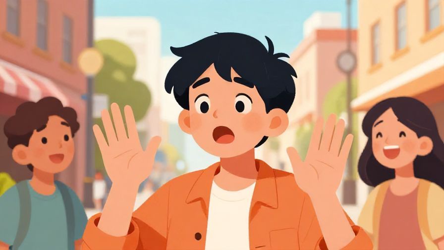 Illustration%20of%20a surprised person waving their hands, while another laughs, urban street background, bright colors, illustrated style