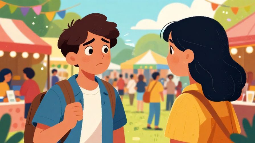 Illustration%20of%20a surprised person with raised eyebrows talking to a friend, street festival background, vibrant colors, illustrated style