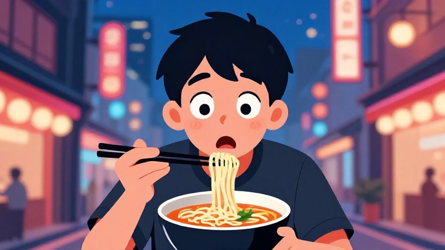 Illustration%20of%20a surprised person with wide eyes enjoying ramen, bright colors, neon city street background at night.