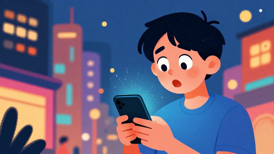 Illustration%20of%20a surprised person with wide eyes holding a smartphone, colorful urban night scene, vibrant colors, illustrated style