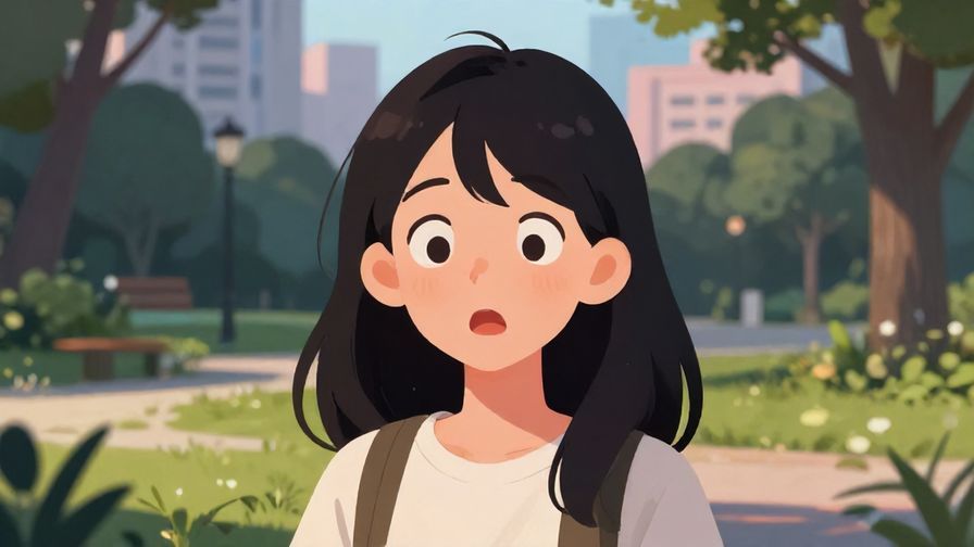 Illustration%20of%20a surprised young woman with wide eyes and open mouth, urban park background, evening lighting, illustrated style