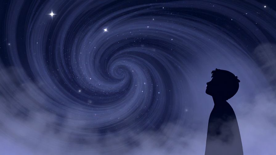 Illustration%20of%20a swirling vortex of stars and fog with a silhouette of a person looking intrigued, dark blue and purple tones