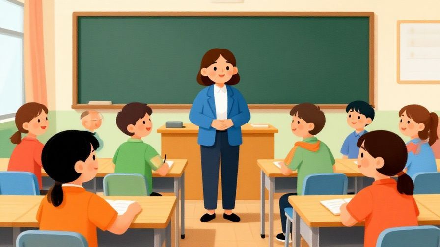 Illustration%20of%20a teacher politely asking students to be quiet in a classroom, warm and friendly atmosphere, colorful and vibrant, illustrated style